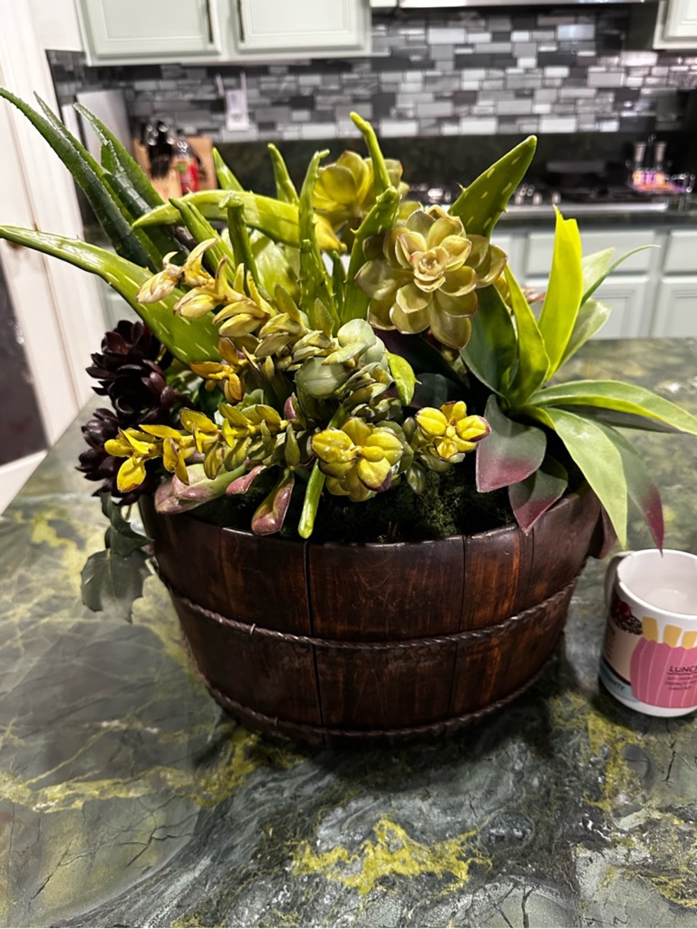 Succulent Barrel Arrangement -Green & Red Large rustic wood barrel planter 15x16